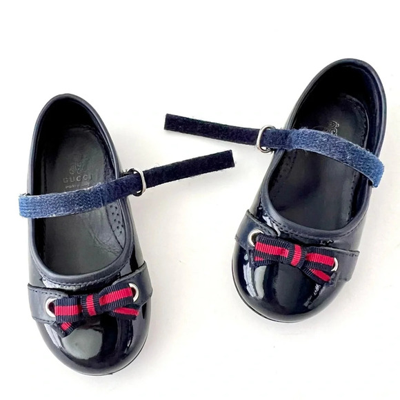 GUCCI | Baby Girl Mary Jane Ballet Flat Web Stripe Bow Navy Blue Leather US 5 - Picture 3 of 16
